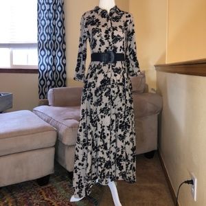 Floral Button-down Maxi Ankle Dress with Belt S XS